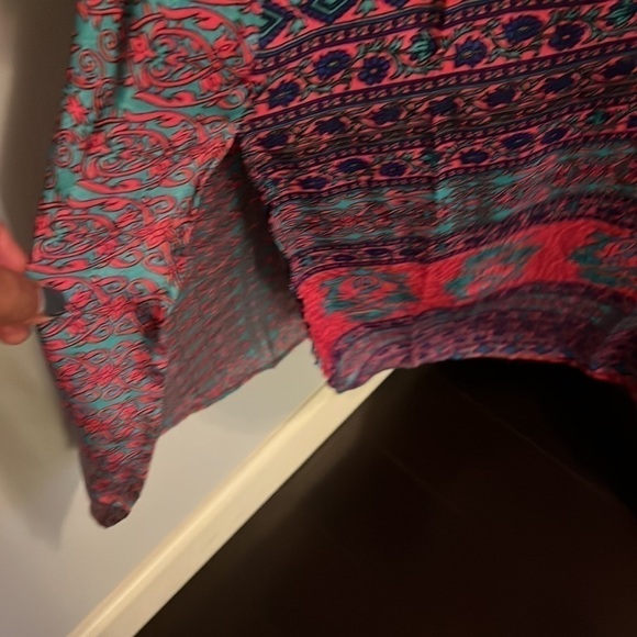 Patterned Maxi Dress in Red, teal and purple in size medium silk blend.  Fringe - Picture 6 of 15